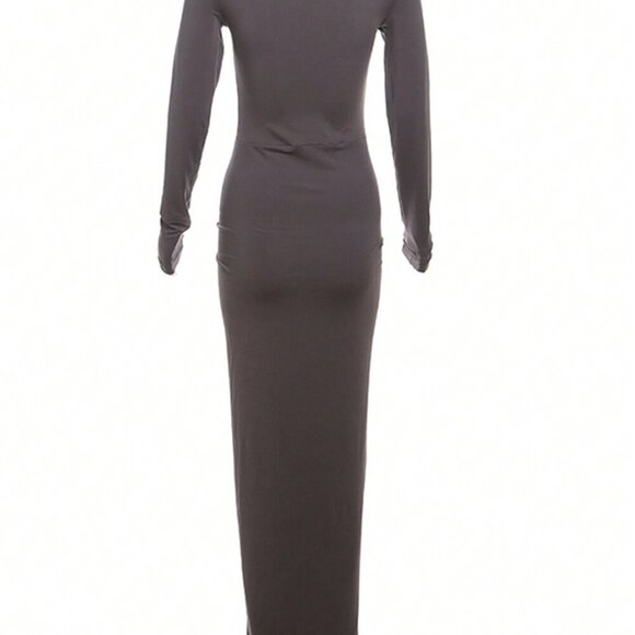 Coffee Elegant Women's Ruched Slim Waist Dress - Picture 2 of 4